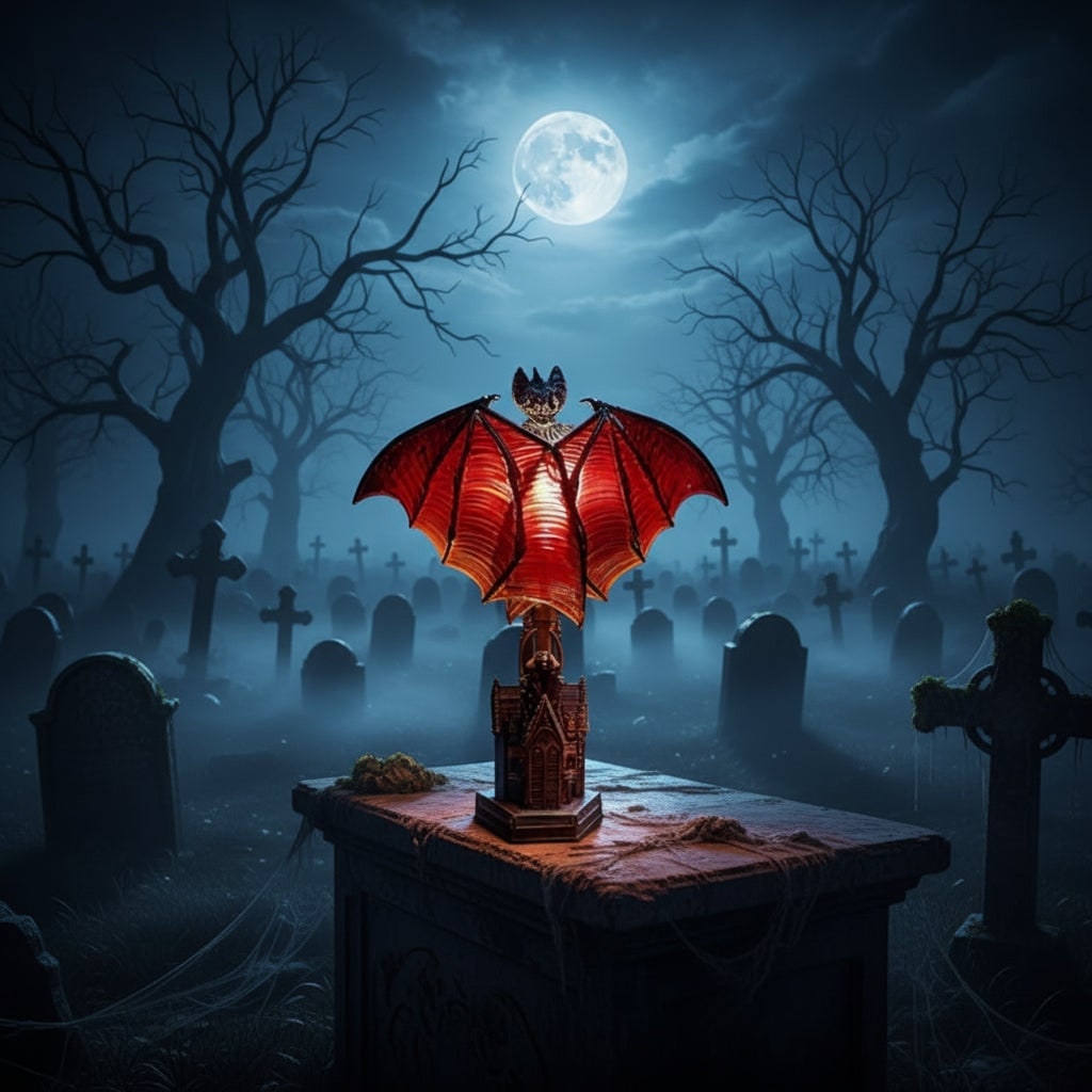 Halloween Gothic Table Lamp with Translucent Red Wings and Battery Powered LED Light - Image 1