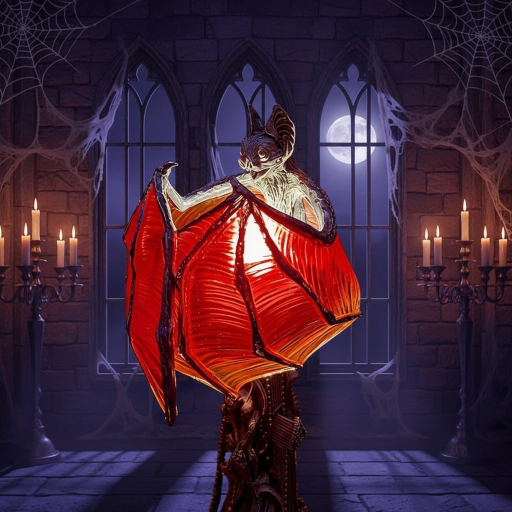 Halloween Gothic Table Lamp with Translucent Red Wings and Battery Powered LED Light - Image 3