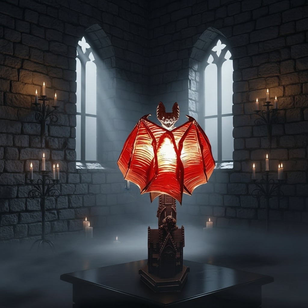 Halloween Gothic Table Lamp with Translucent Red Wings and Battery Powered LED Light - Image 4