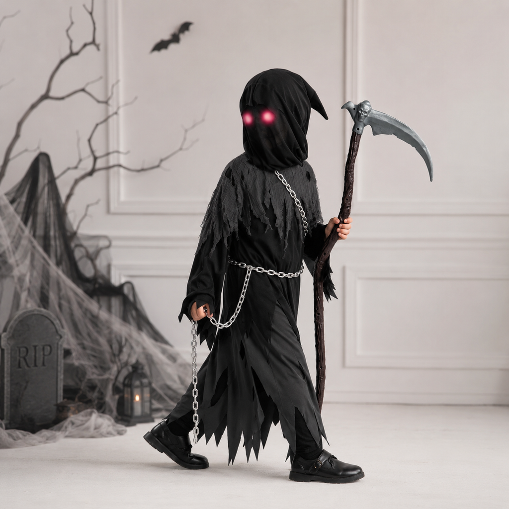 Halloween Grim Reaper Costume with Glowing Red Eyes and Toy Scythe for Kids - Image 1