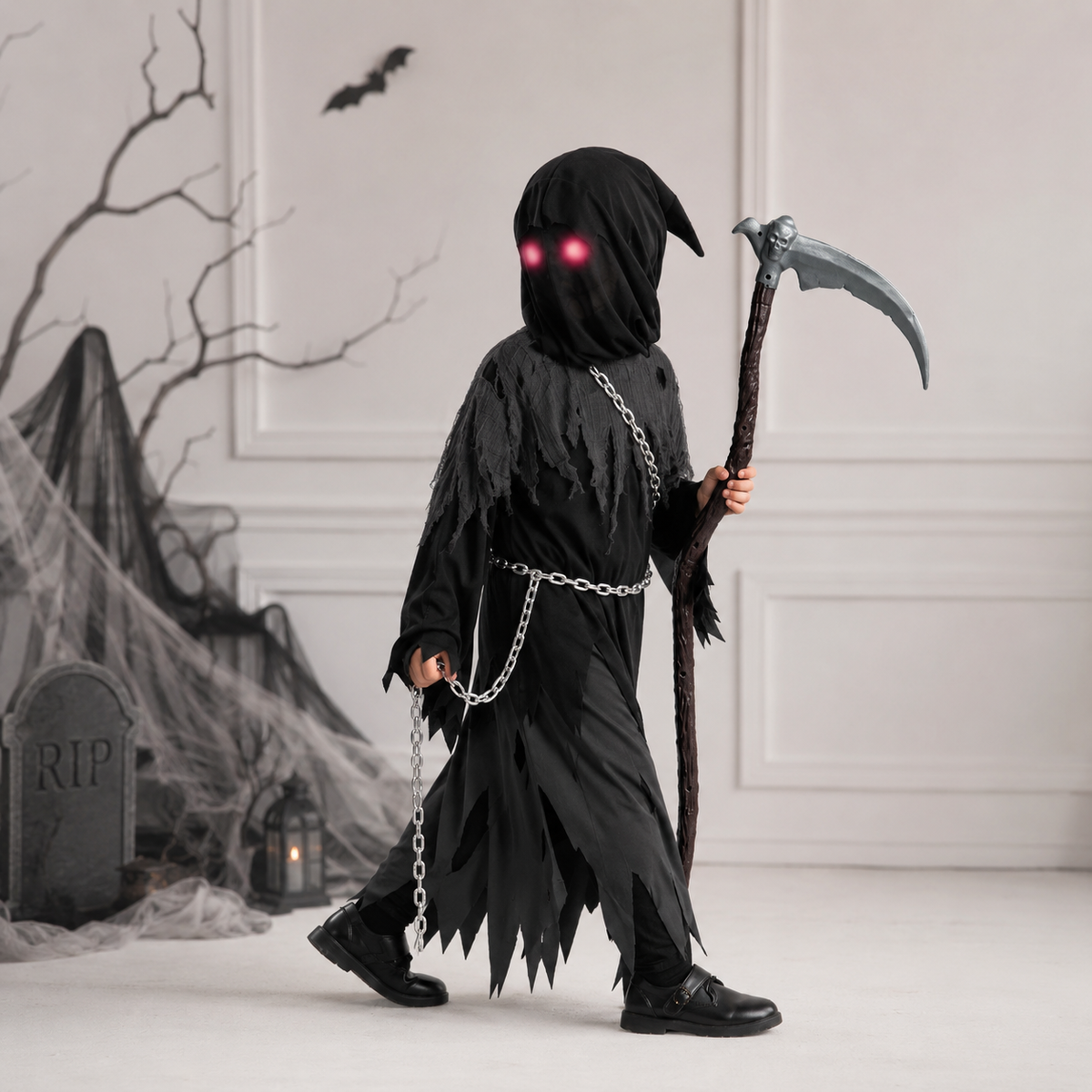 Halloween Grim Reaper Costume with Glowing Red Eyes and Toy Scythe for Kids - Image 1