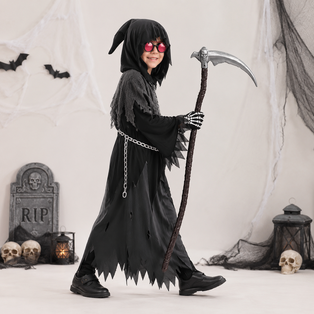 Halloween Grim Reaper Costume with Glowing Red Eyes and Toy Scythe for Kids - Image 2
