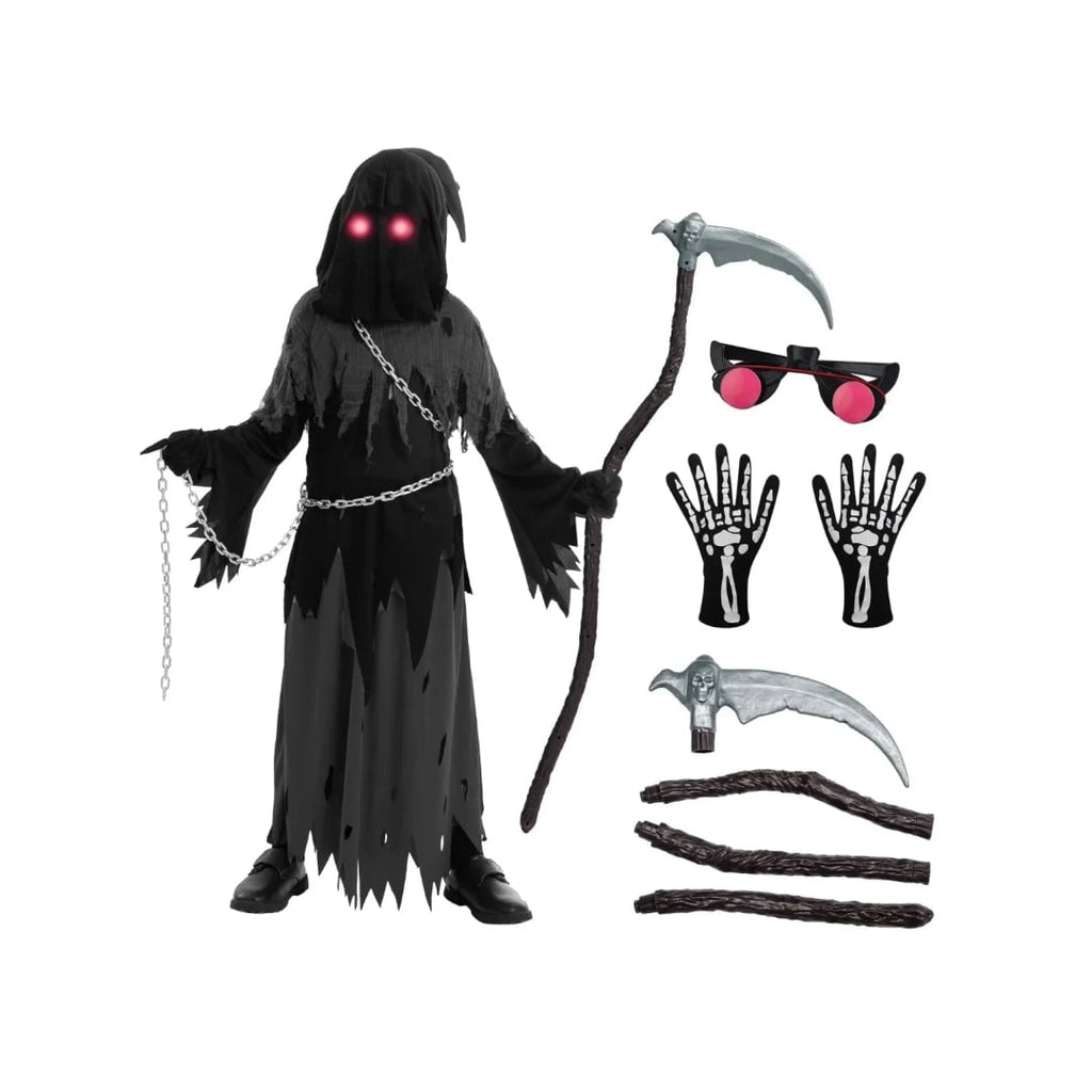 Halloween Grim Reaper Costume with Glowing Red Eyes and Toy Scythe for Kids - Image 3