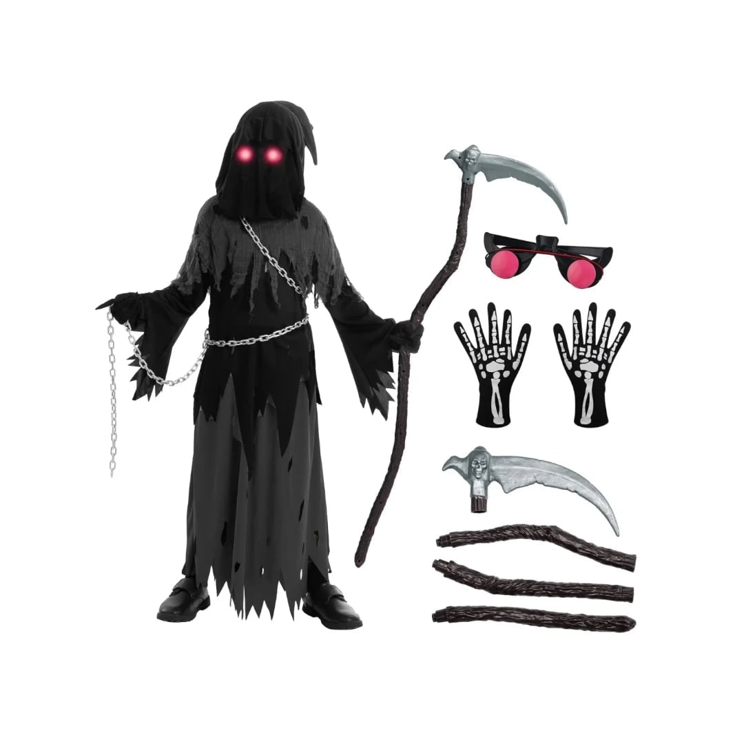 Halloween Grim Reaper Costume with Glowing Red Eyes and Toy Scythe for Kids - Image 3