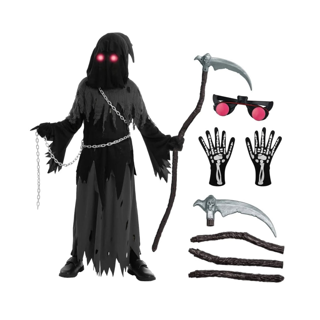 Halloween Grim Reaper Costume with Glowing Red Eyes and Toy Scythe for Kids - Image 4