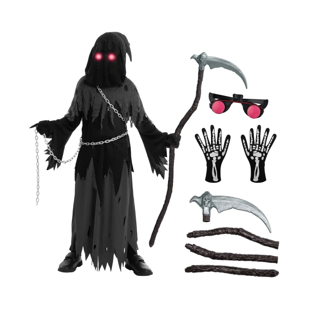 Halloween Grim Reaper Costume with Glowing Red Eyes and Toy Scythe for Kids - Image 4