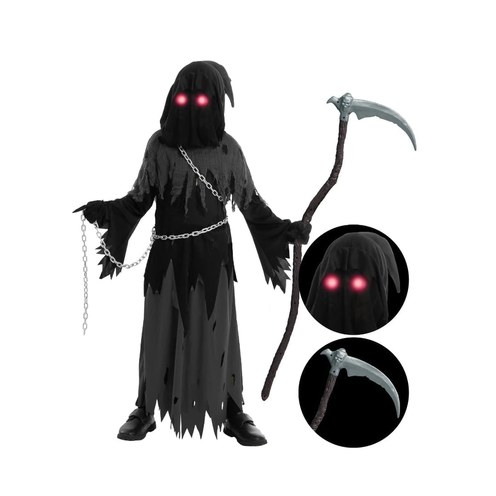 Halloween Grim Reaper Costume with Glowing Red Eyes and Toy Scythe for Kids - Image 5