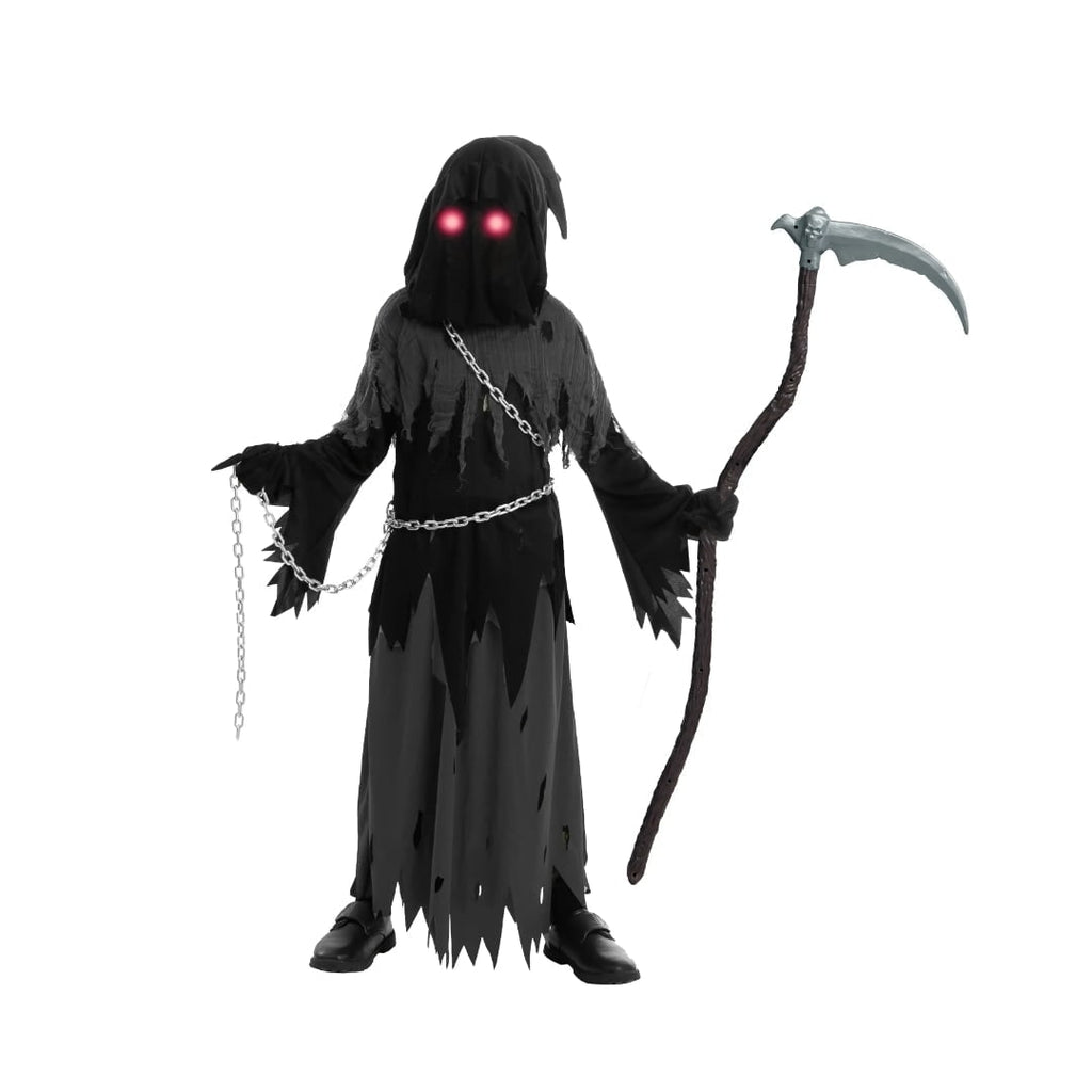Halloween Grim Reaper Costume with Glowing Red Eyes and Toy Scythe for Kids - Image 6