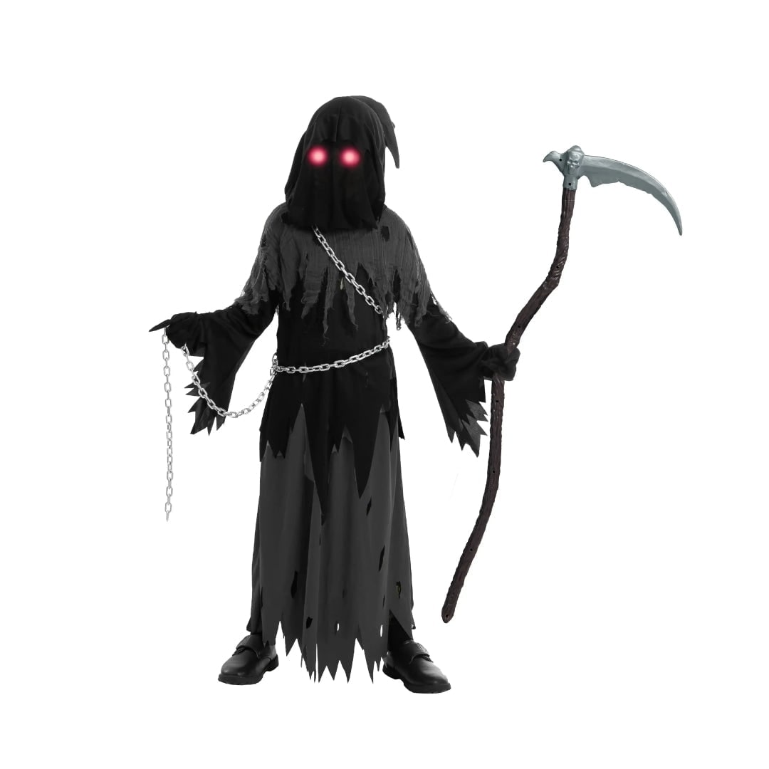 Halloween Grim Reaper Costume with Glowing Red Eyes and Toy Scythe for Kids - Image 6