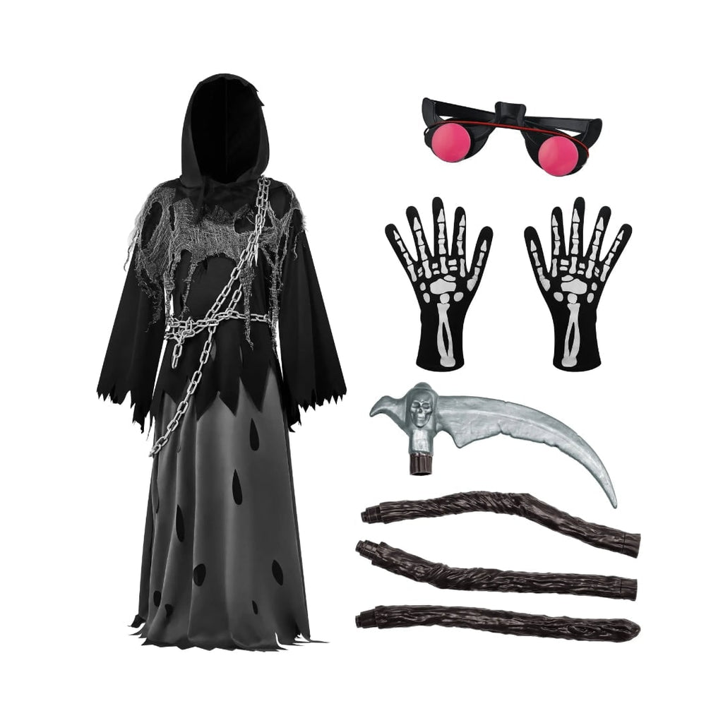 Halloween Grim Reaper Costume with Glowing Red Eyes and Toy Scythe for Kids - Image 7
