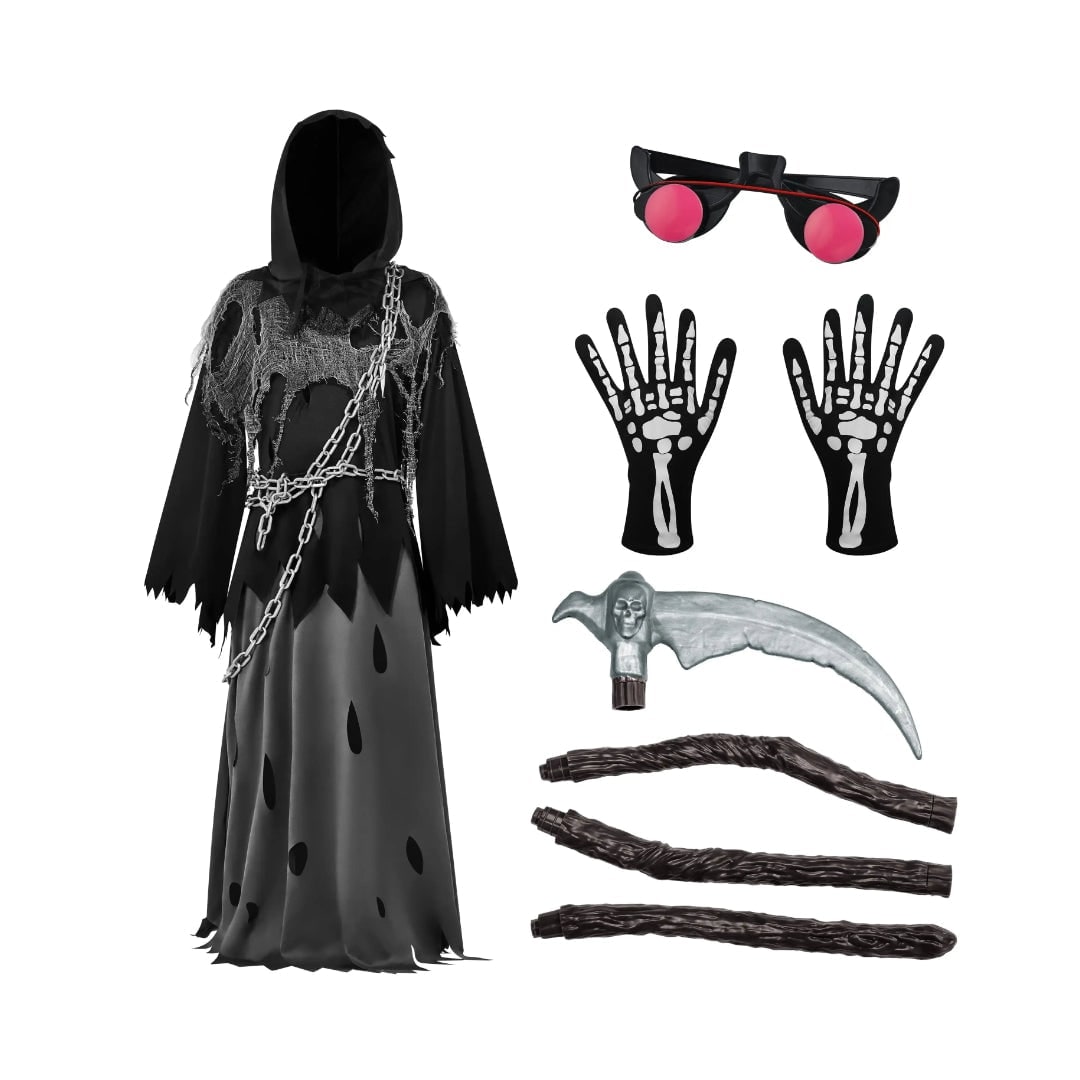 Halloween Grim Reaper Costume with Glowing Red Eyes and Toy Scythe for Kids - Image 7