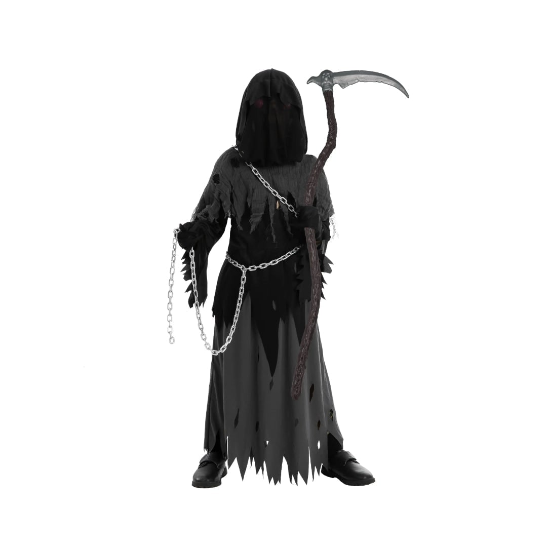 Halloween Grim Reaper Costume with Glowing Red Eyes and Toy Scythe for Kids - Image 8
