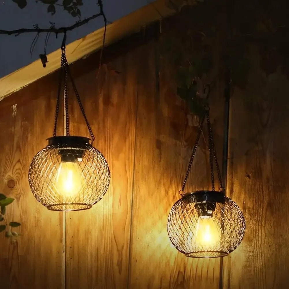 Halloween Hanging Solar Lamps Outdoor Decorative LED Lantern with Black Wire Mesh Globe - Image 1