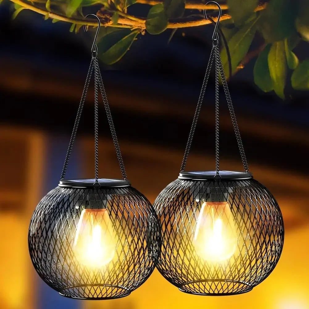Halloween Hanging Solar Lamps Outdoor Decorative LED Lantern with Black Wire Mesh Globe - Image 2
