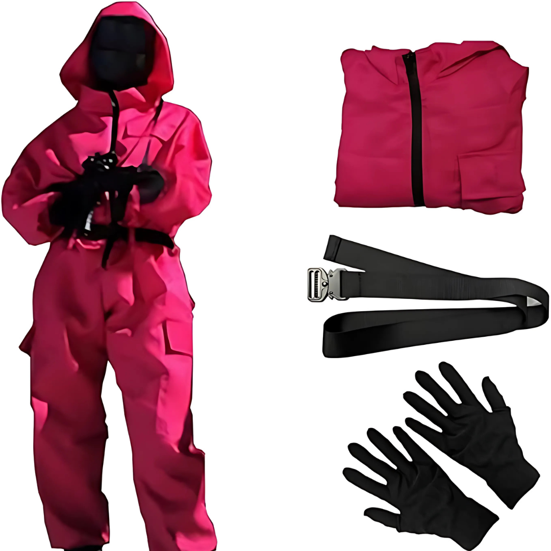 Halloween Hooded Jumpsuit Costume with Belt and Gloves for Party Red - Image 1