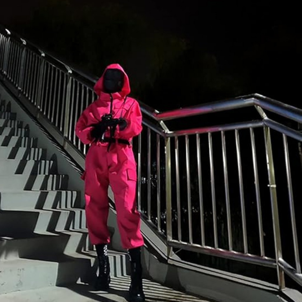 Halloween Hooded Jumpsuit Costume with Belt and Gloves for Party Red - Image 2