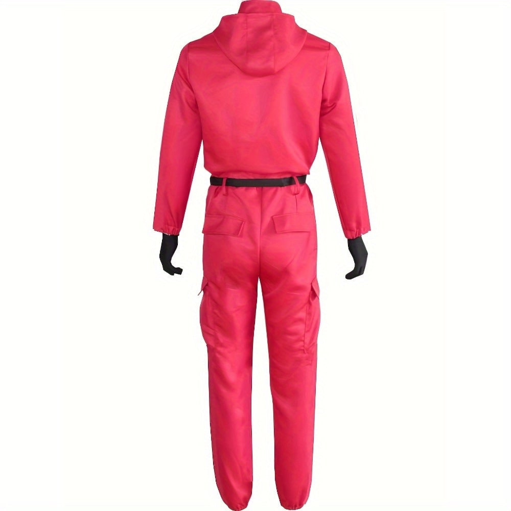 Halloween Hooded Jumpsuit Costume with Belt and Gloves for Party Red - Image 3