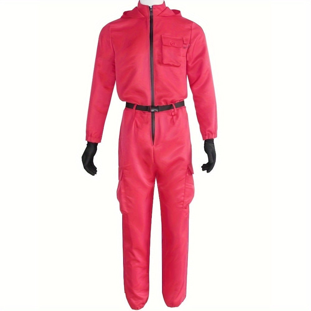 Halloween Hooded Jumpsuit Costume with Belt and Gloves for Party Red - Image 4