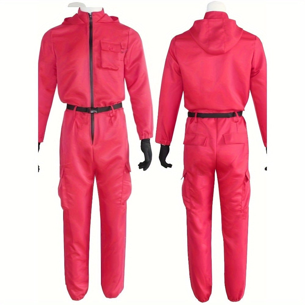 Halloween Hooded Jumpsuit Costume with Belt and Gloves for Party Red - Image 5