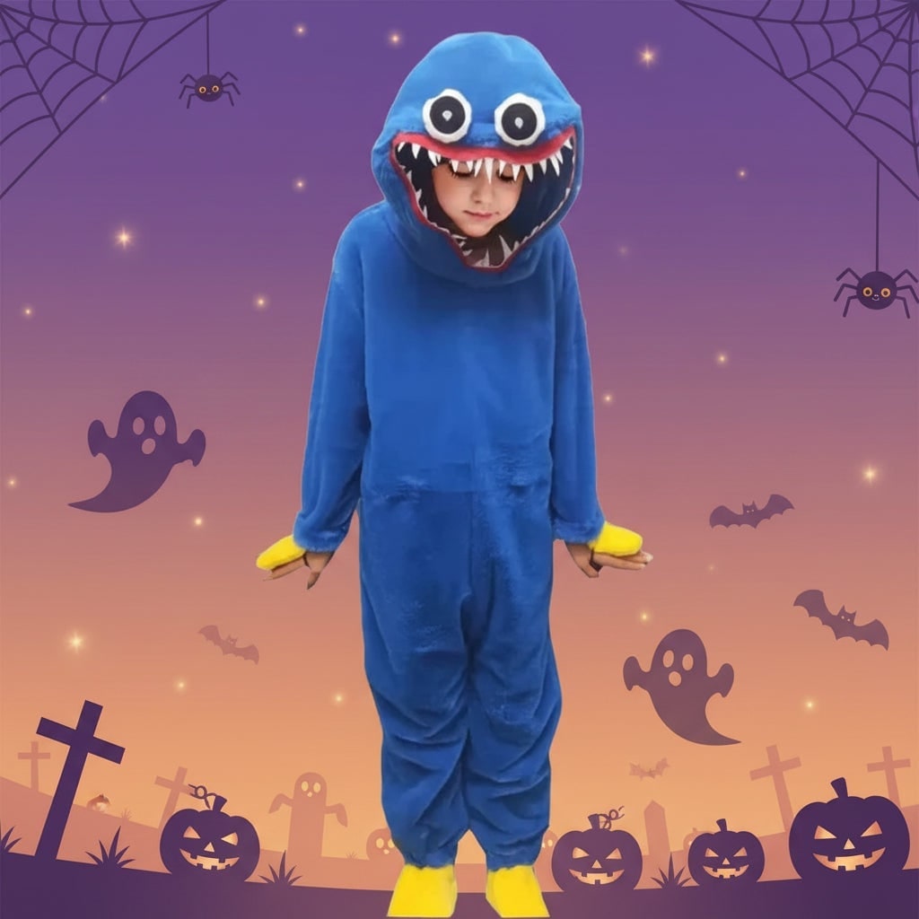 Halloween Kids' Monster Onesie Plush Jumpsuit Costume with Hood and Embroidered Eyes - Image 1