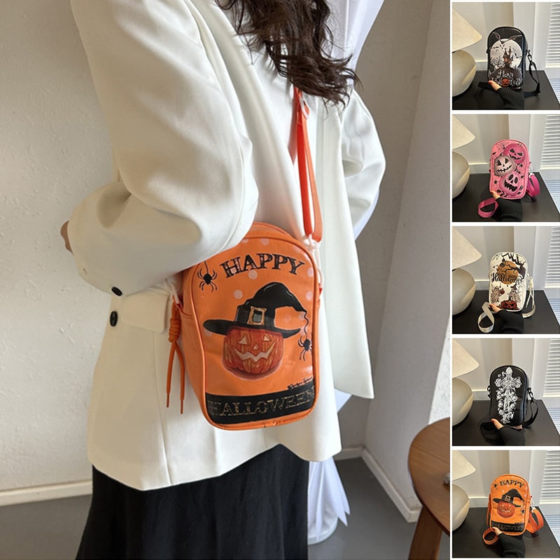 Halloween Leather Crossbody Bag Small Shoulder with Spooky Pumpkin and Witch Hat Design - Image 1