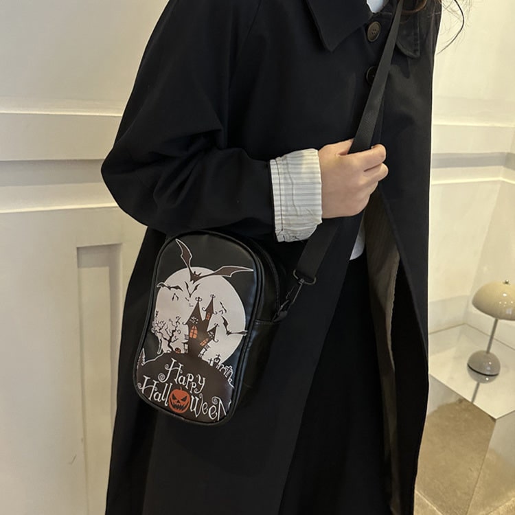 Halloween Leather Crossbody Bag Small Shoulder with Spooky Pumpkin and Witch Hat Design - Image 2