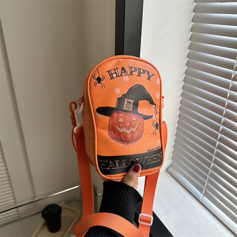 Halloween Leather Crossbody Bag Small Shoulder with Spooky Pumpkin and Witch Hat Design - Image 3