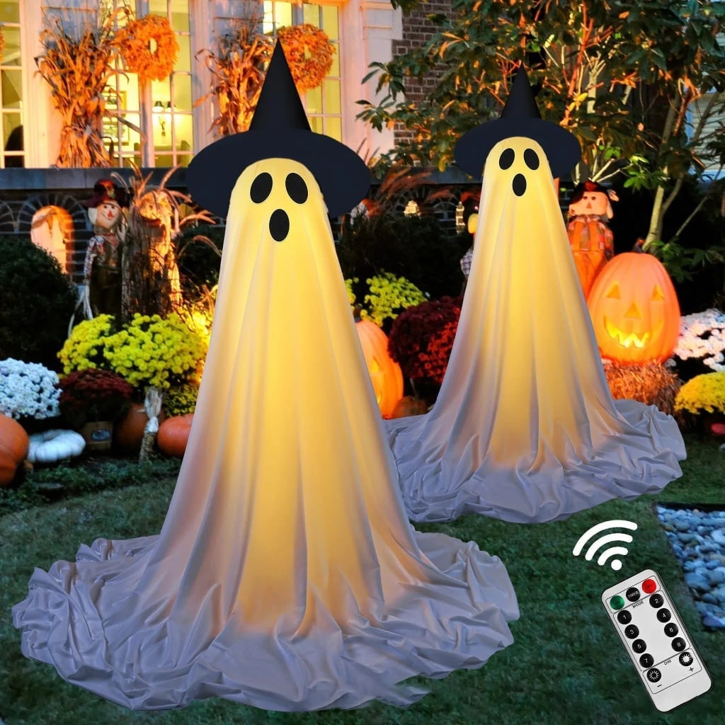 Halloween Lights Outdoor Ghost Decorations with LED Up Witch Hats and Remote Control - Image 1