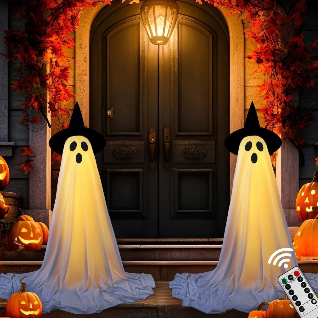 Halloween Lights Outdoor Ghost Decorations with LED Up Witch Hats and Remote Control - Image 2