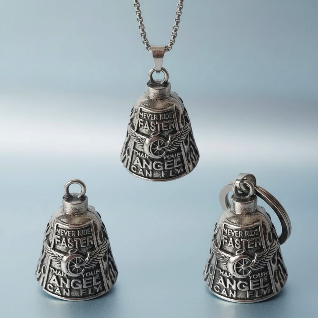 Halloween Motorcycle Guardian Bell with Scary Angel Engraving and Winged Design - Image 1