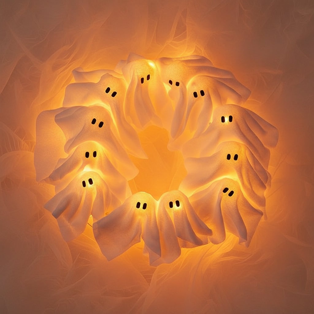 Halloween Outdoor Decorations LED Light-Up Ghost Wreath with Gauze for Door and Party - Image 1