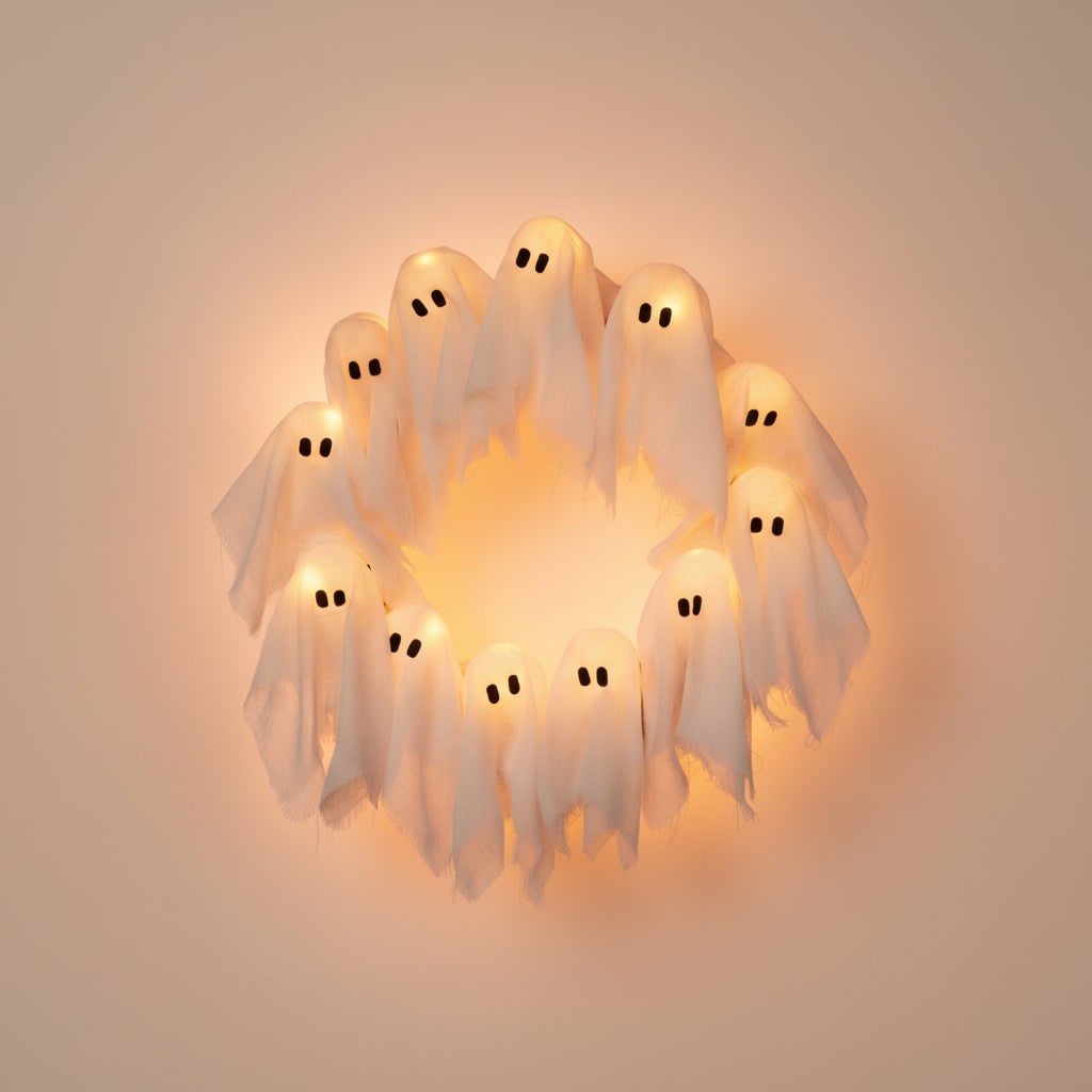 Halloween Outdoor Decorations LED Light-Up Ghost Wreath with Gauze for Door and Party - Image 2