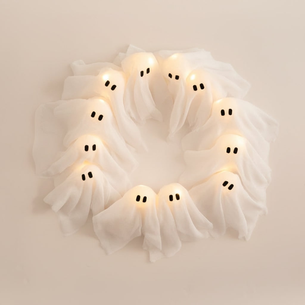 Halloween Outdoor Decorations LED Light-Up Ghost Wreath with Gauze for Door and Party - Image 3