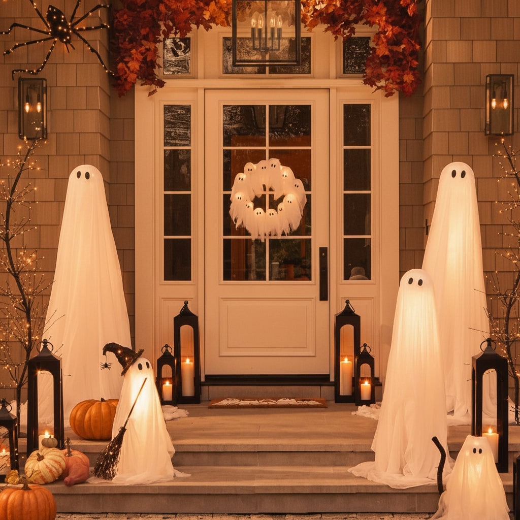 Halloween Outdoor Decorations LED Light-Up Ghost Wreath with Gauze for Door and Party - Image 5