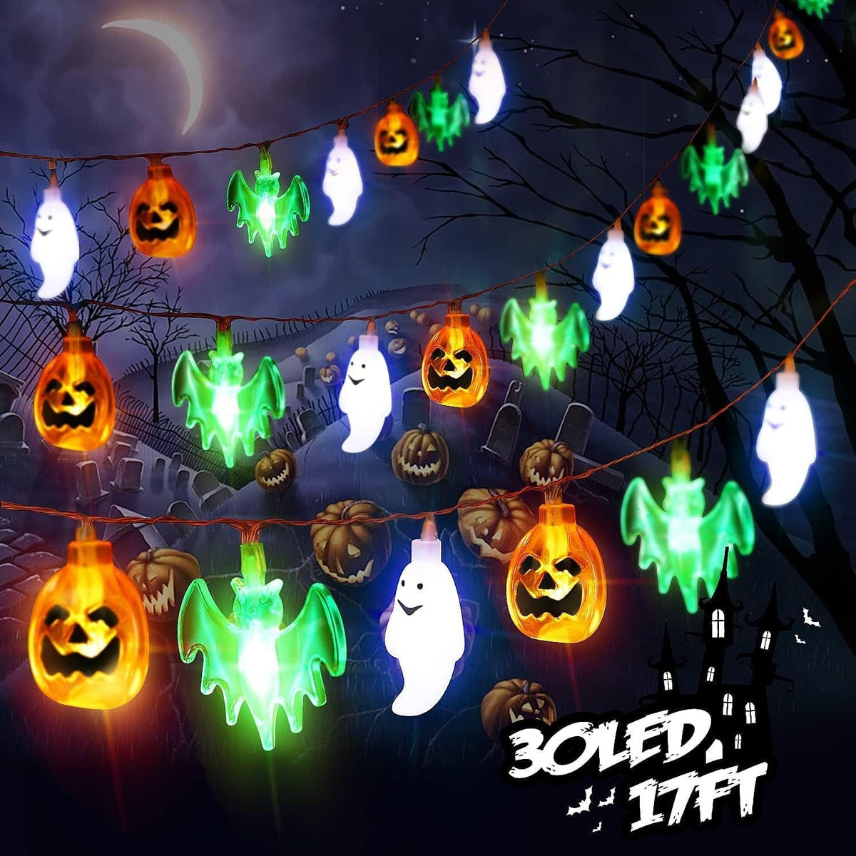 Halloween Outdoor String Lights with LED Pumpkin Ghost and Bat Figures for Patio Party Decoration - Image 3