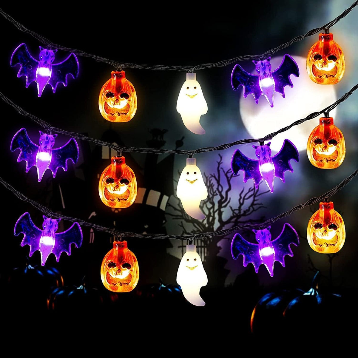 Halloween Outdoor String Lights with LED Pumpkin Ghost and Bat Figures for Patio Party Decoration - Image 4