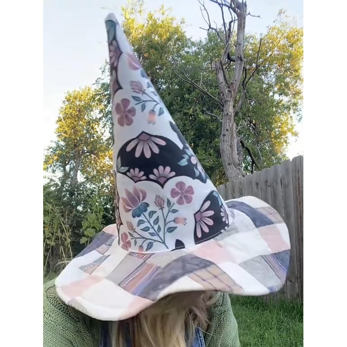 Halloween Quilted Patchwork Witch Hat with Wide Brim for Costume Party and Haunted House - Image 9