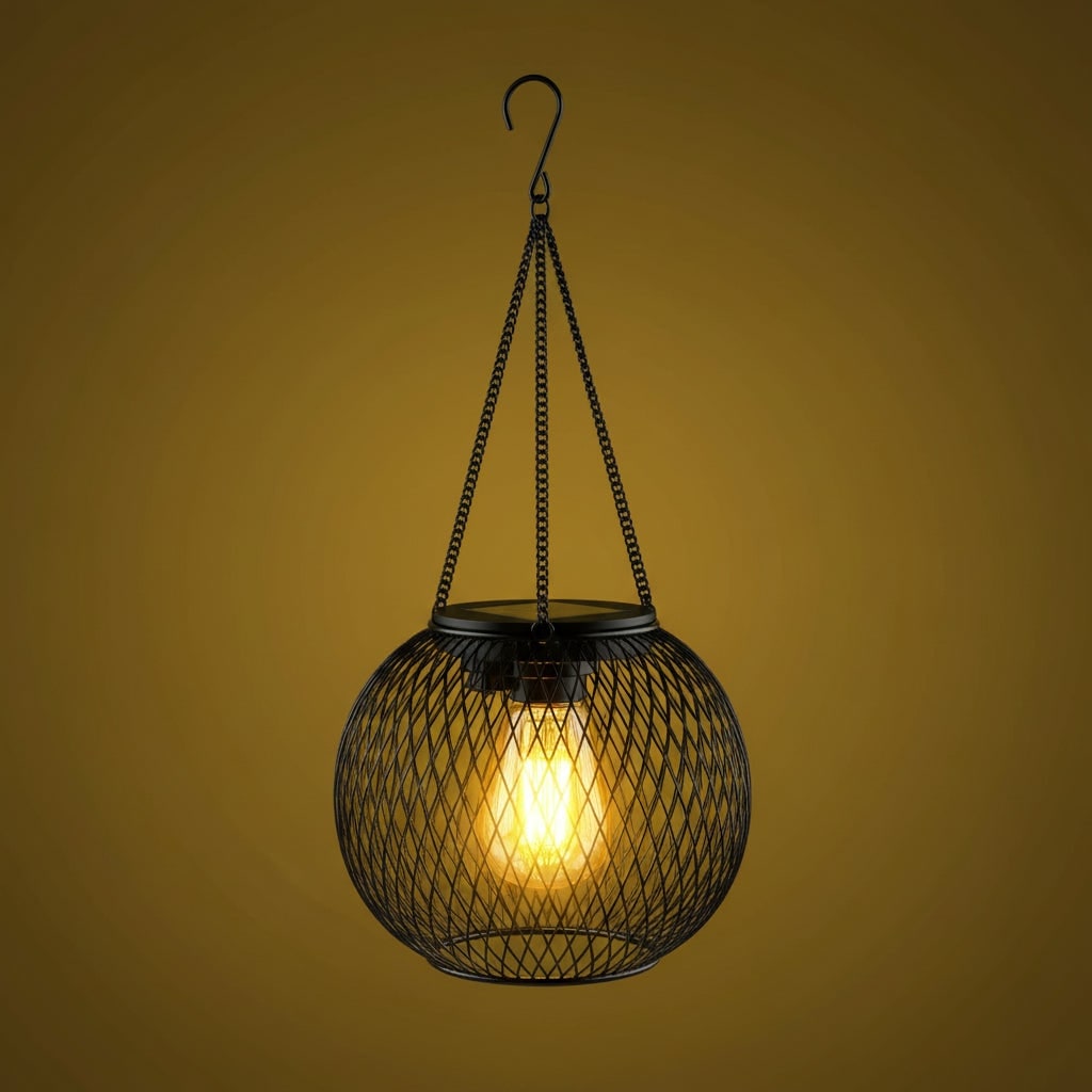 Halloween Solar Powered Hanging Lantern with Wire Mesh Globe and LED Bulb for Outdoor Yard - Image 1
