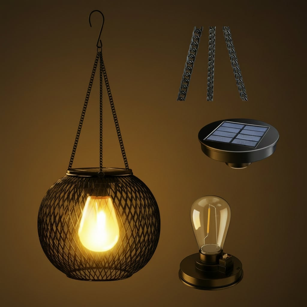 Halloween Solar Powered Hanging Lantern with Wire Mesh Globe and LED Bulb for Outdoor Yard - Image 6