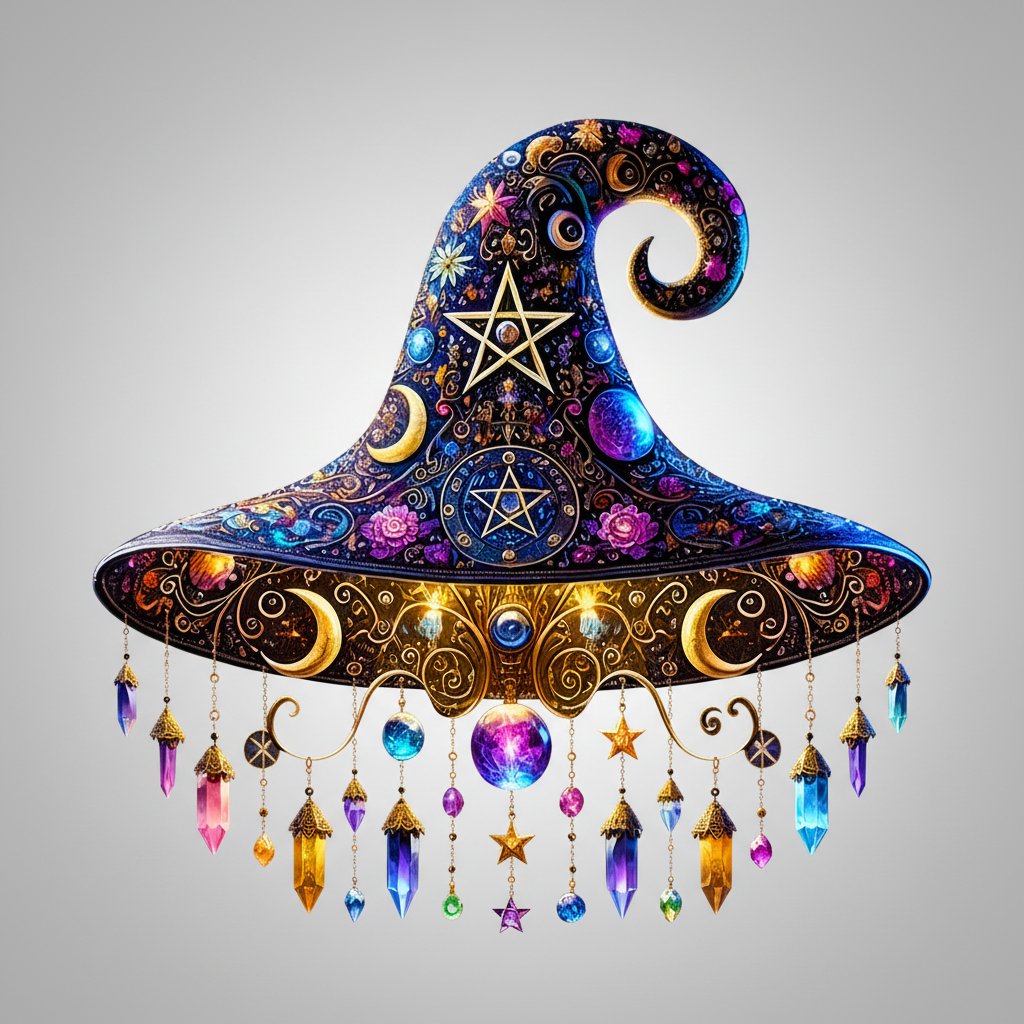 Halloween Stained Glass Suncatcher with Crystals and Dangling Beads Witch Hat Window Decoration - Image 1