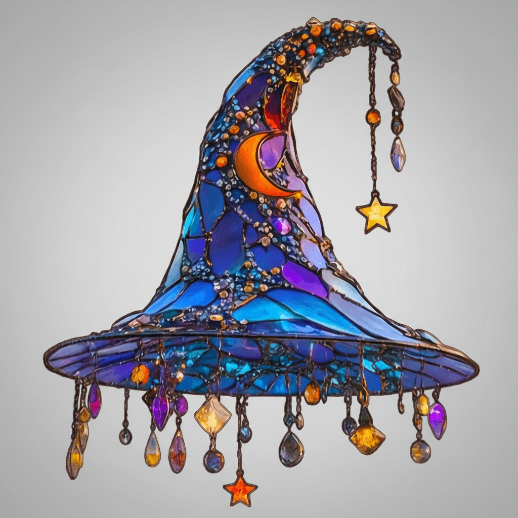 Halloween Stained Glass Suncatcher with Crystals and Dangling Beads Witch Hat Window Decoration - Image 2