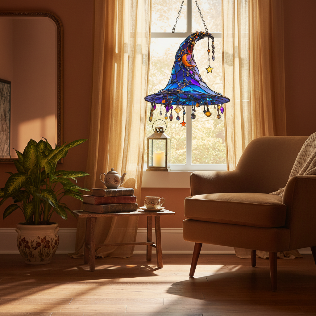 Halloween Stained Glass Suncatcher with Crystals and Dangling Beads Witch Hat Window Decoration - Image 3