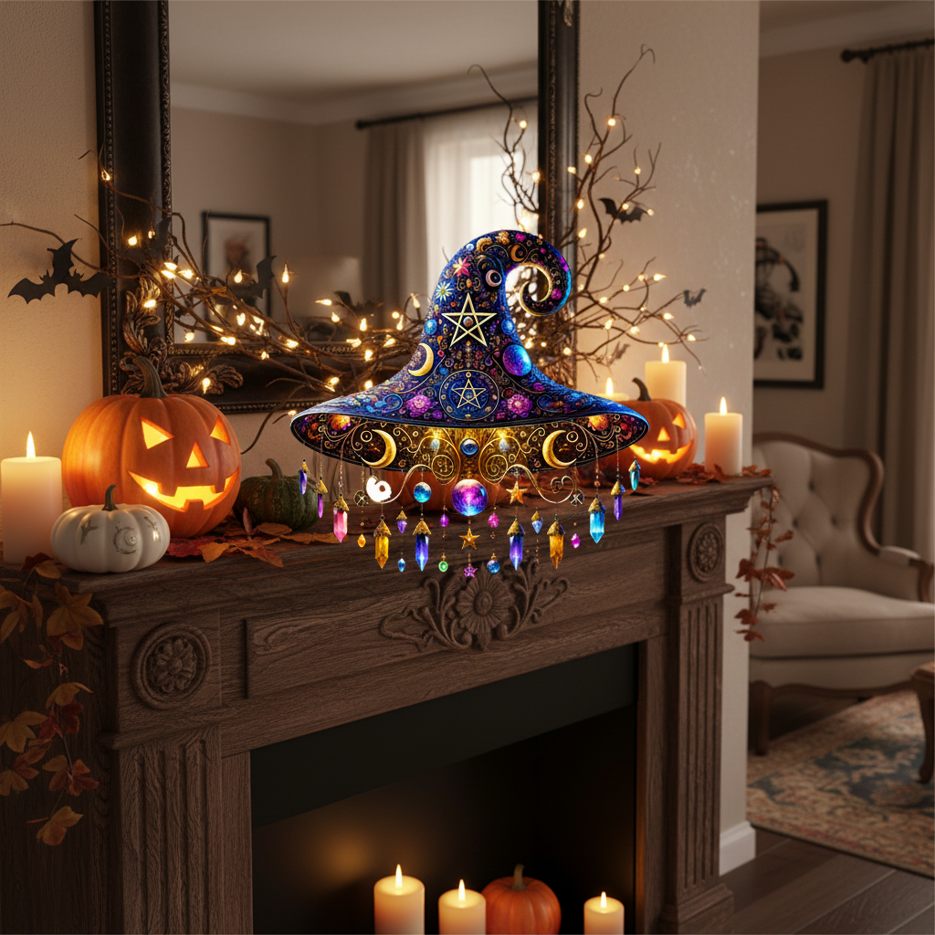 Halloween Stained Glass Suncatcher with Crystals and Dangling Beads Witch Hat Window Decoration - Image 4