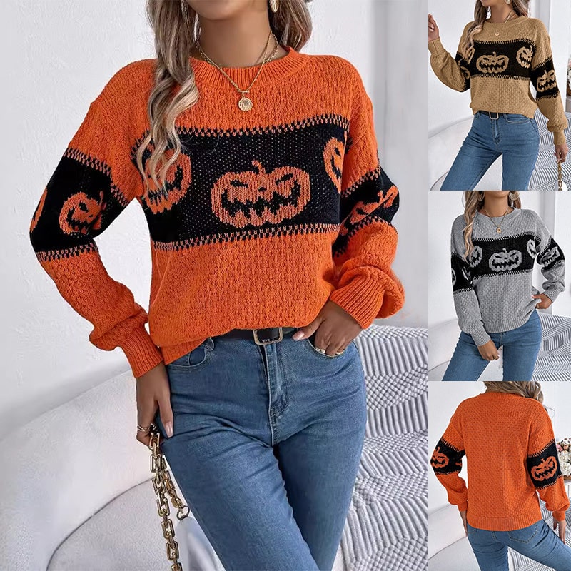 Halloween Sweater with Crew Neck Knit and Pumpkin Design for Fall Party Quarter Zip - Image 1