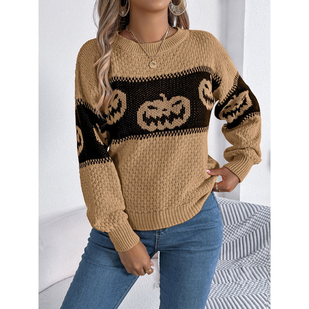 Halloween Sweater with Crew Neck Knit and Pumpkin Design for Fall Party Quarter Zip - Image 2
