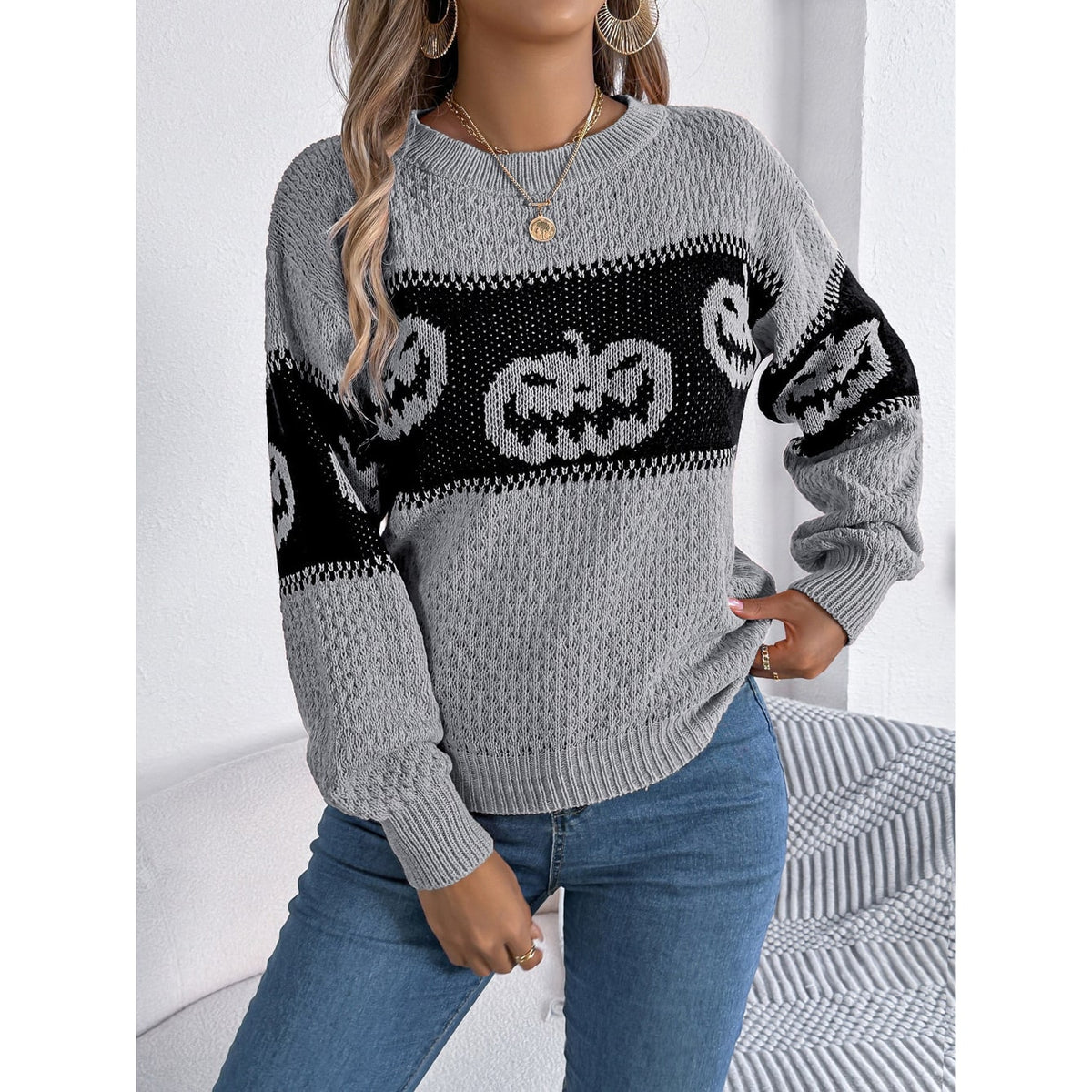 Halloween Sweater with Crew Neck Knit and Pumpkin Design for Fall Party Quarter Zip - Image 3