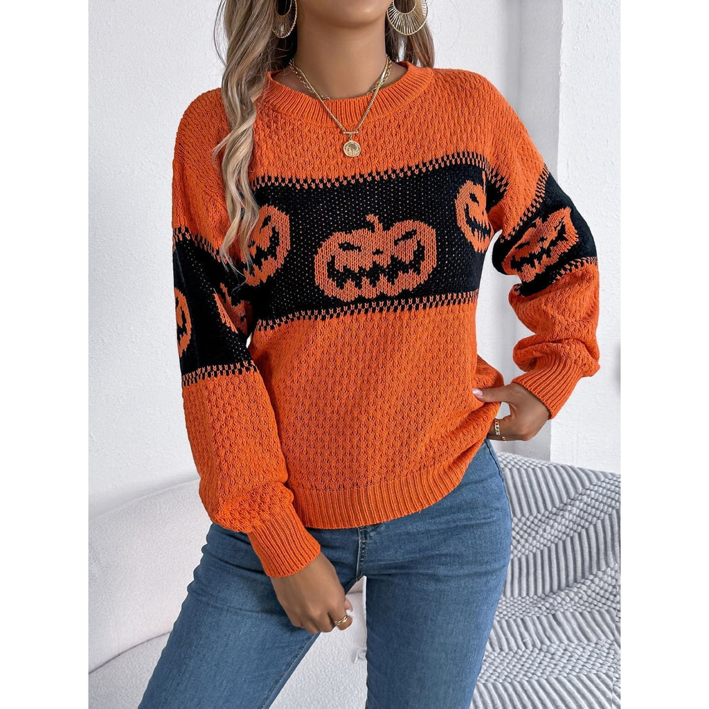 Halloween Sweater with Crew Neck Knit and Pumpkin Design for Fall Party Quarter Zip - Image 4
