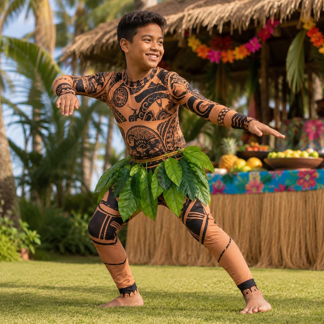Halloween Tattoo Print Island Warrior Costume with Faux Leaf Skirt - Image 1