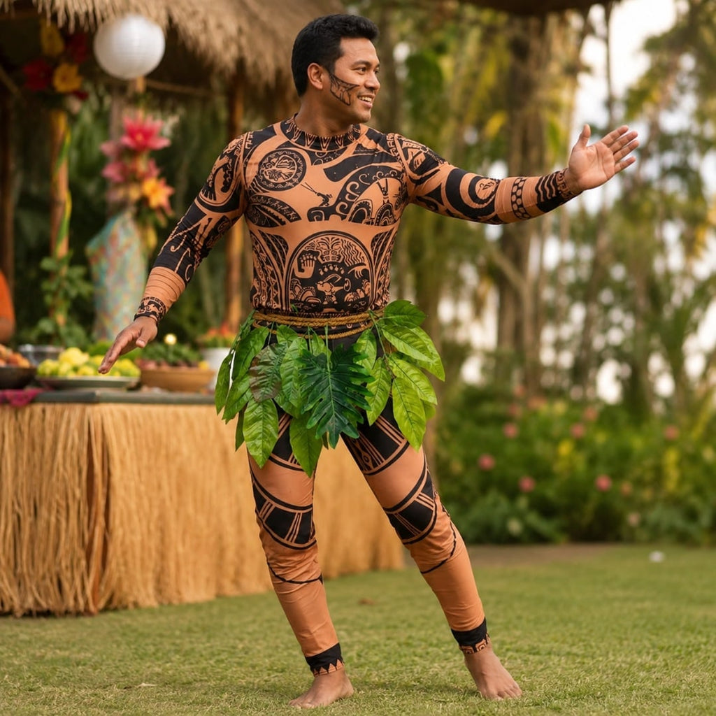 Halloween Tattoo Print Island Warrior Costume with Faux Leaf Skirt - Image 2