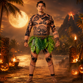 Halloween Tribal Warrior Costume with Tattoo Bodysuit and Faux Leaf Skirt - Image 1